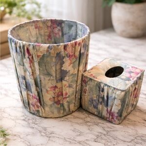 Floral Fabric Wastebasket & Tissue Box Cover Set Cottagecore